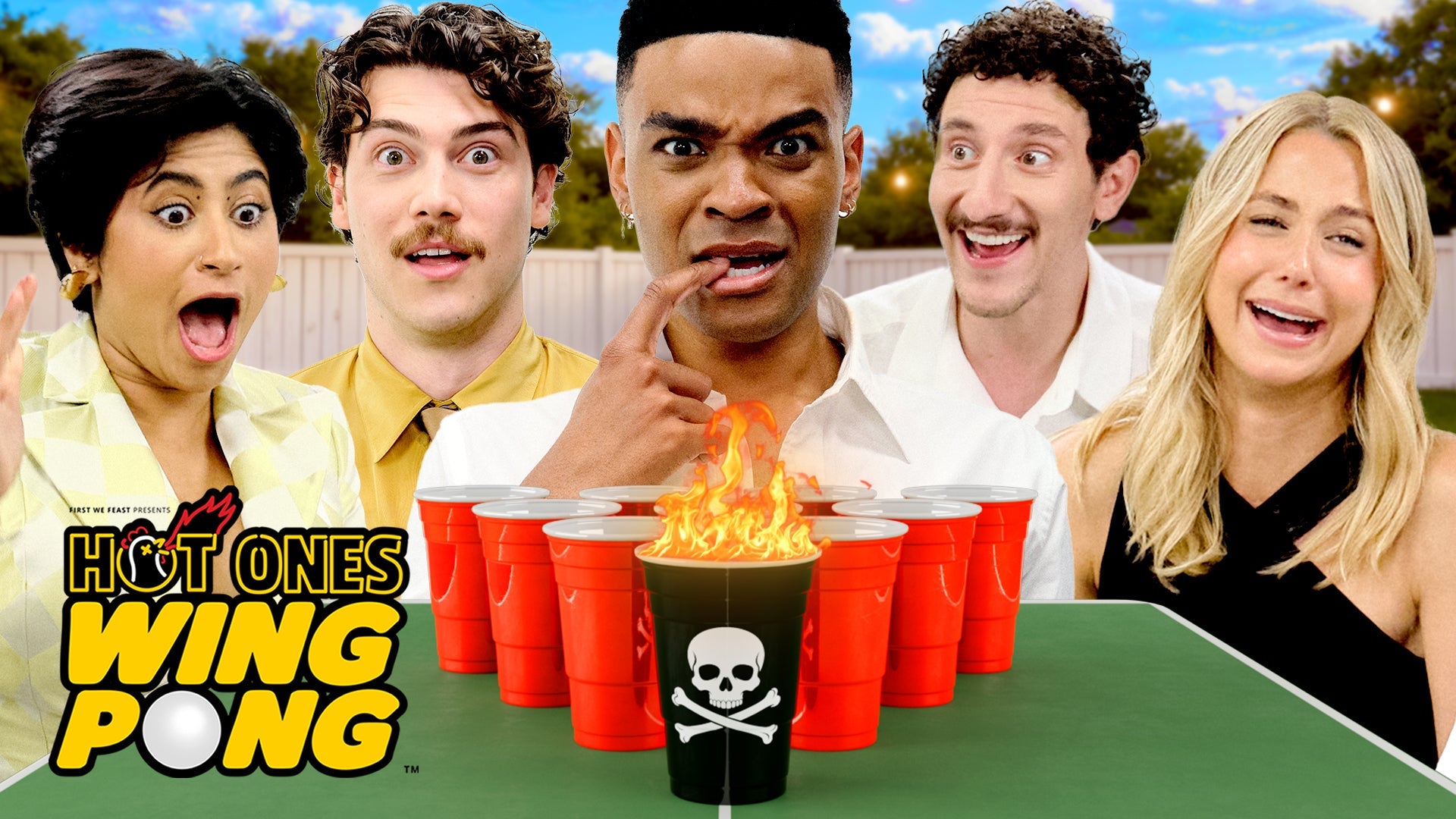 The ‘Adults’ Cast Plays Hot Ones Wing Pong